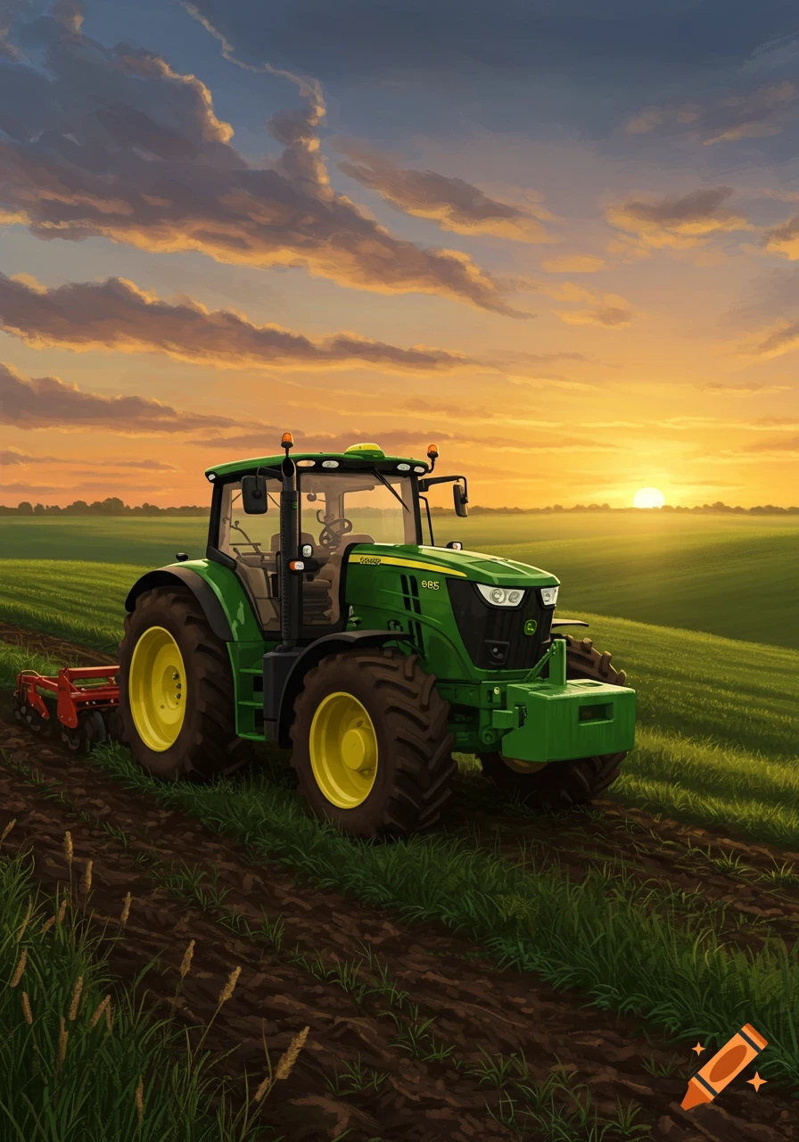 A green John Deere tractor with a red plow in a farm field at sunset, in an illustrative style.