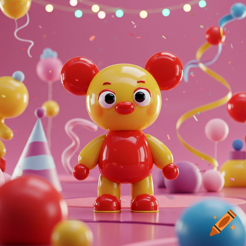 A shiny yellow and red cartoon mouse-like toy character stands in a vibrant pink room with party decorations.