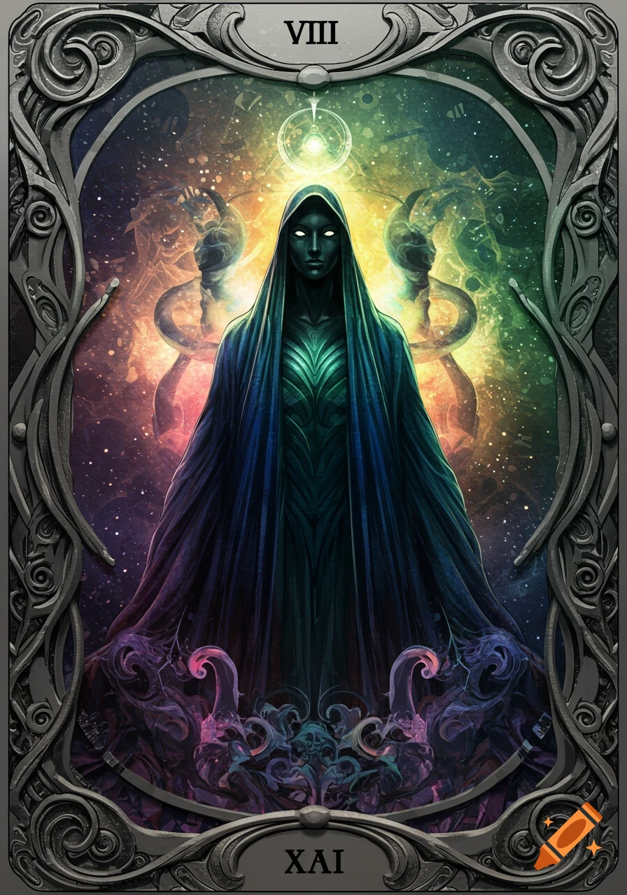 A mysterious hooded figure with glowing eyes on a dark fantasy tarot card, set against a vibrant cosmic background with an ornate frame.