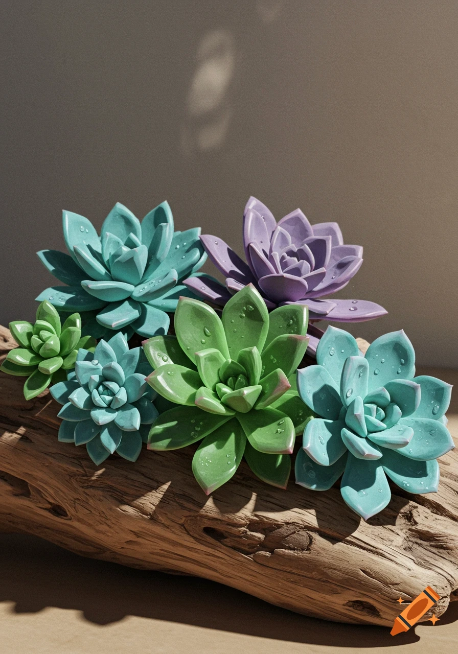 Photorealistic image of colorful succulents with water droplets on a piece of driftwood.