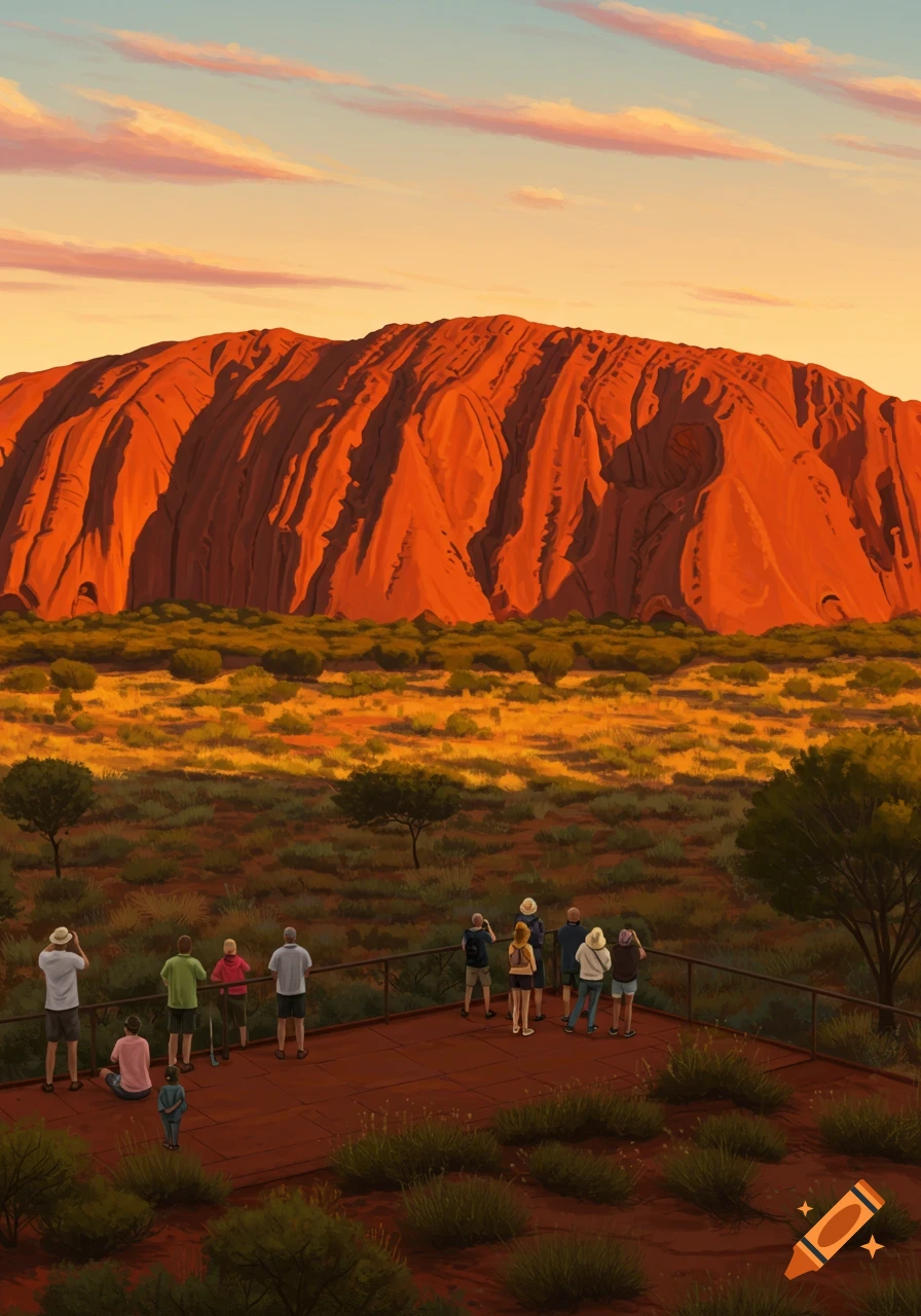 Illustrative scene of tourists on a viewing platform looking at Uluru (Ayers Rock) at sunset, surrounded by Australian bushland.