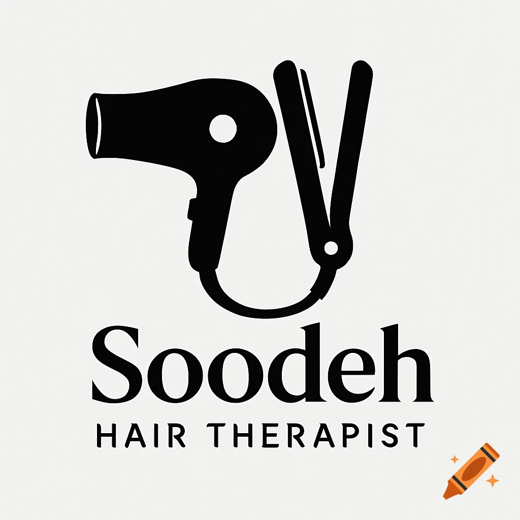Black minimalist logo combining a hair dryer and flat iron with 'Soodeh Hair Therapist' text on a white background.