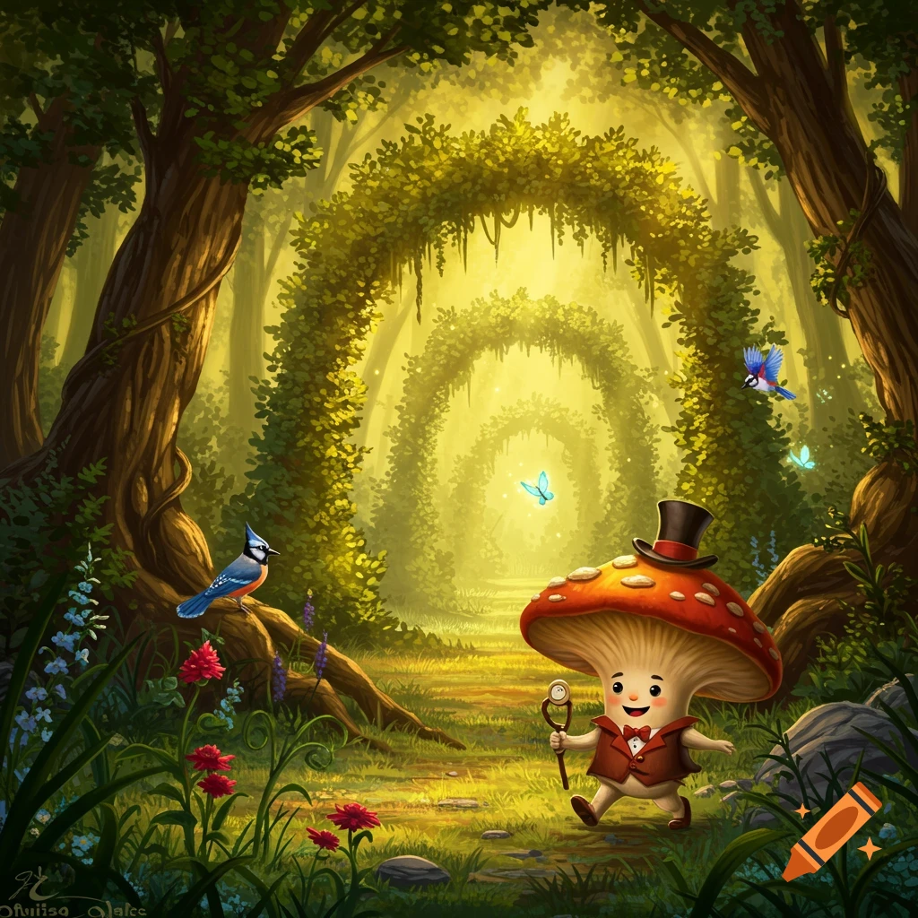 A cheerful mushroom character wearing a top hat and vest walks with a cane through a glowing magical forest tunnel, with bluebirds and butterflies.