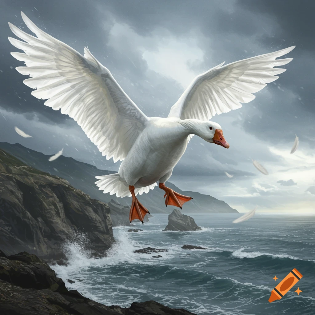 A large white goose with wide wings swoops over a stormy, rocky coastline with a choppy sea under dark clouds.