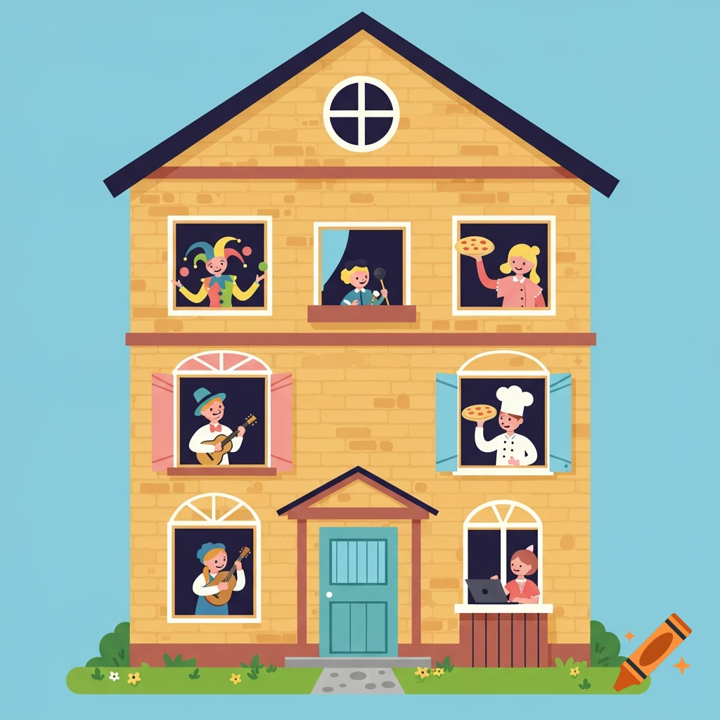 A cartoon illustration of a yellow brick house with people in each window performing various activities, including juggling, singing, holding pizza, playing instruments, and using a laptop.