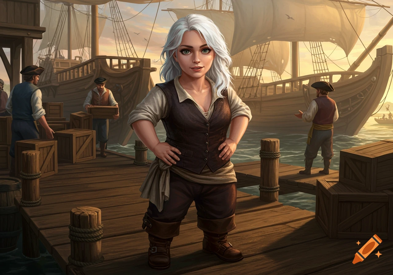 A young woman with white hair and green eyes, dressed as a 1700s deckhand, stands on a wooden dock with ships in the background.