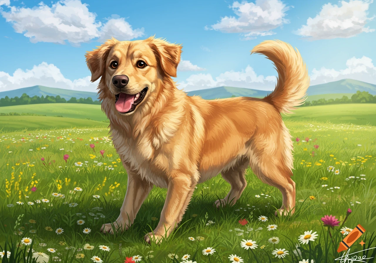A happy Golden Retriever dog stands in a sunny green field of wildflowers, under a blue sky with clouds and distant mountains in a digital painting.