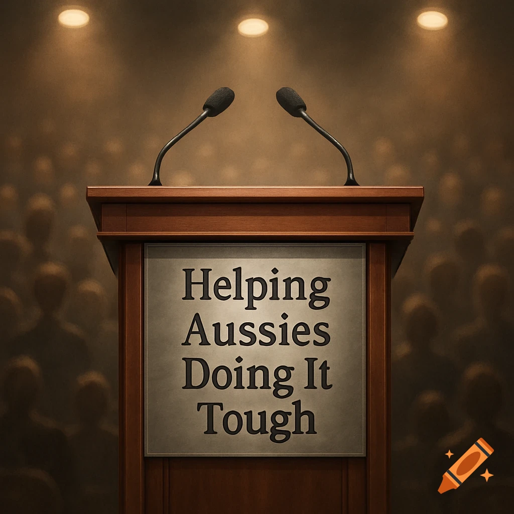 A wooden podium with two microphones, illuminated by spotlights, stands before a blurred audience. The podium features a sign that reads 'Helping Aussies Doing It Tough'.