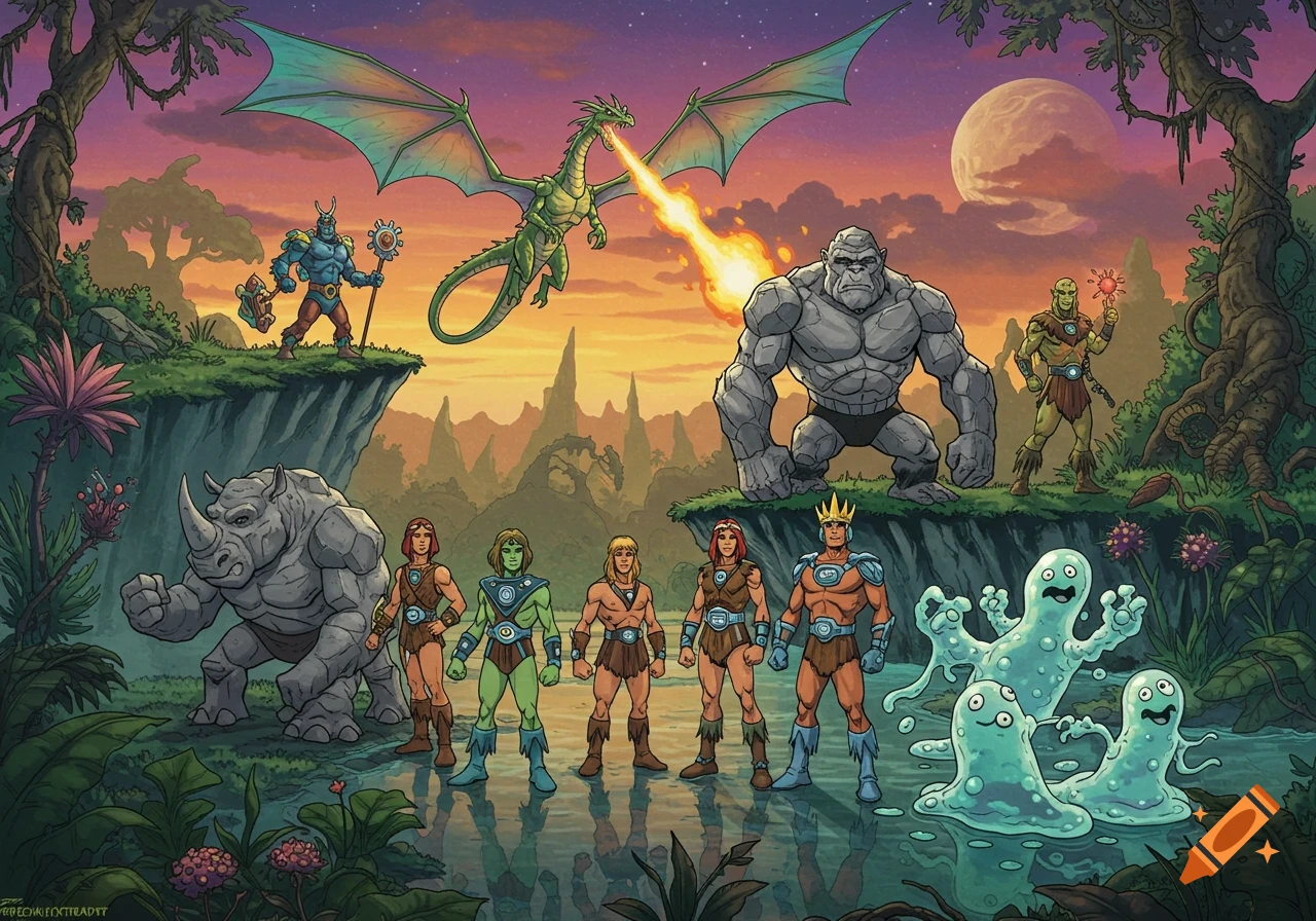 A cartoon illustration of diverse fantasy characters including humanoids, a dragon, a rhino, a rock ape, and gelatinous creatures in a jungle swamp at sunset.