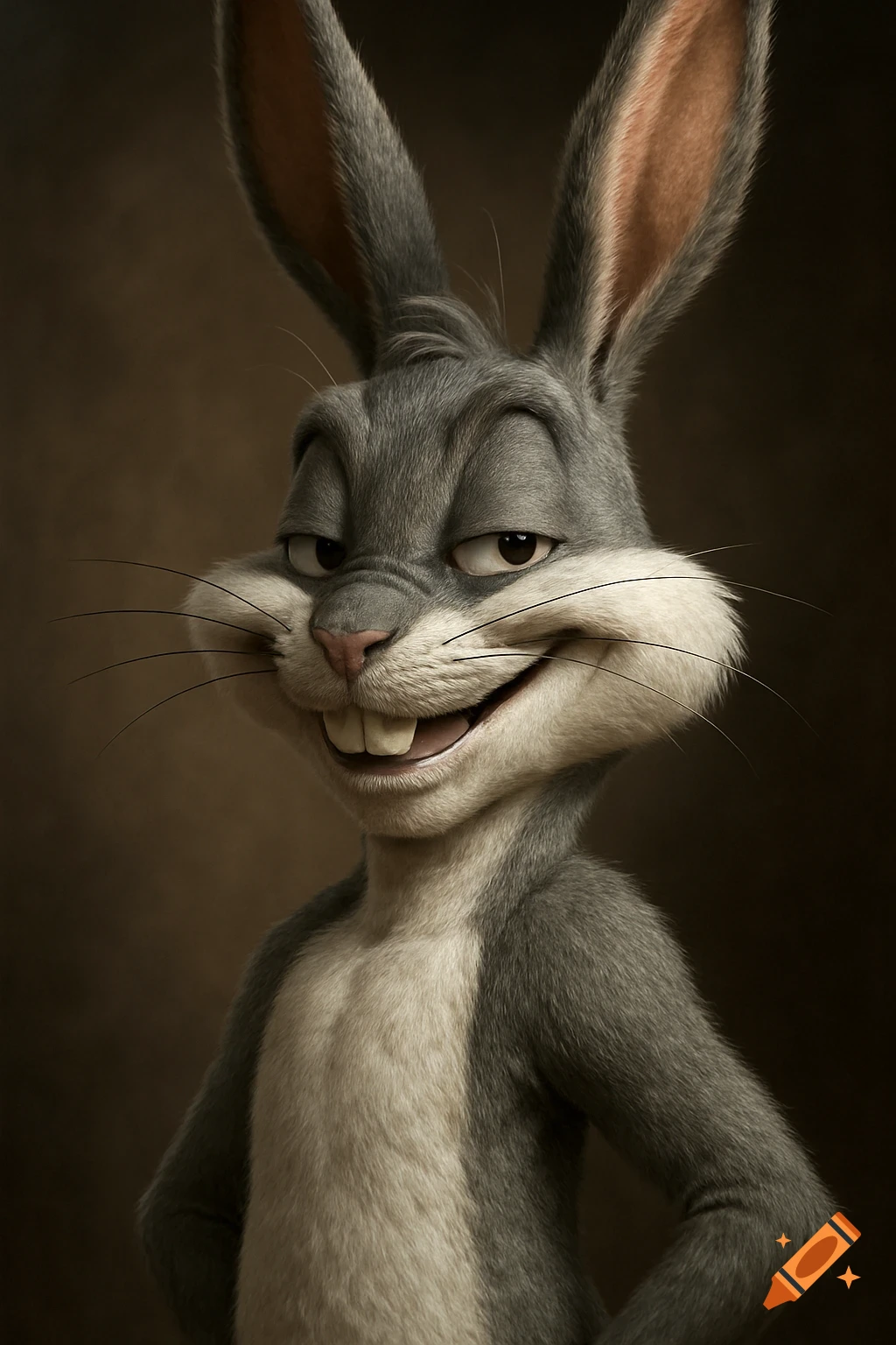Hyper-realistic Bugs Bunny with a smug smirk on a dark background.