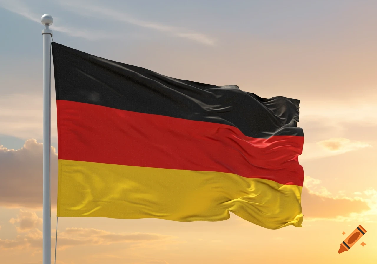 The German flag with black, red, and gold stripes waving on a flagpole against a sunset sky.