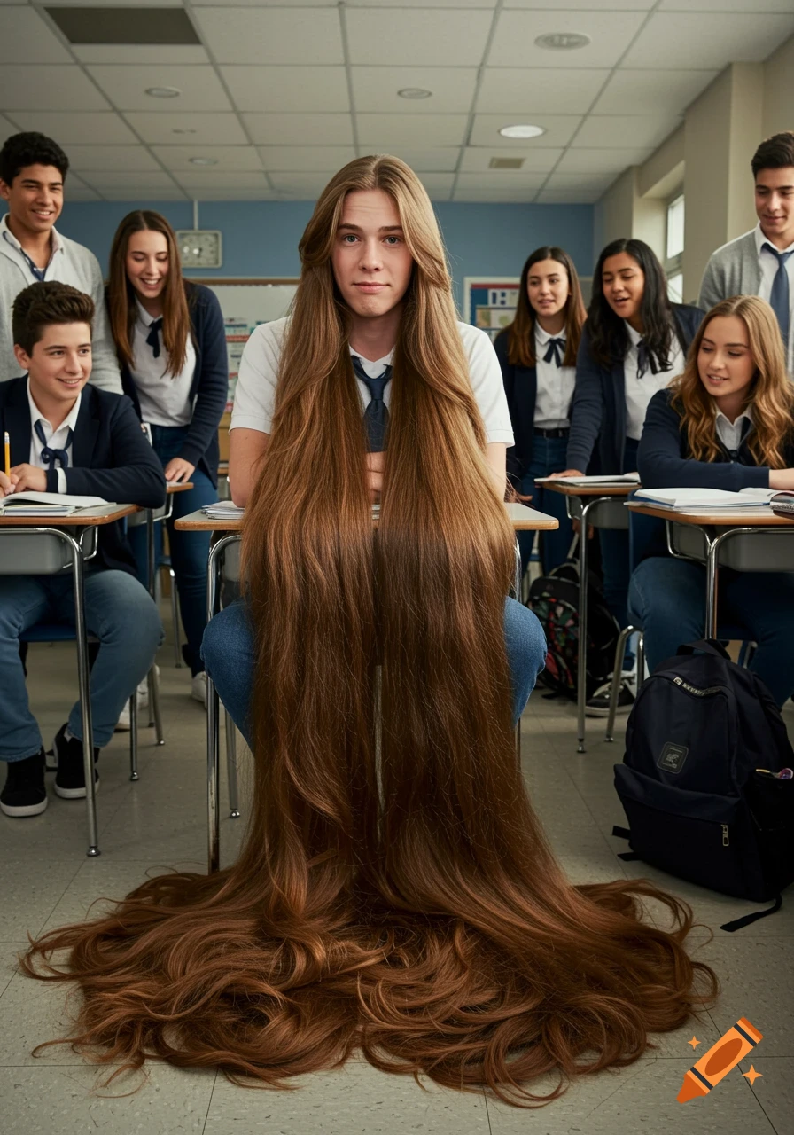 A high school student with incredibly long brown hair sits at a desk in a classroom, with his hair spilling onto the floor. Other students look on with amusement.