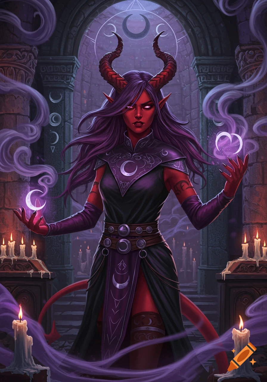 A red-skinned, purple-haired Tiefling sorceress with horns and glowing eyes stands in a dark temple, holding glowing crescent moon orbs.