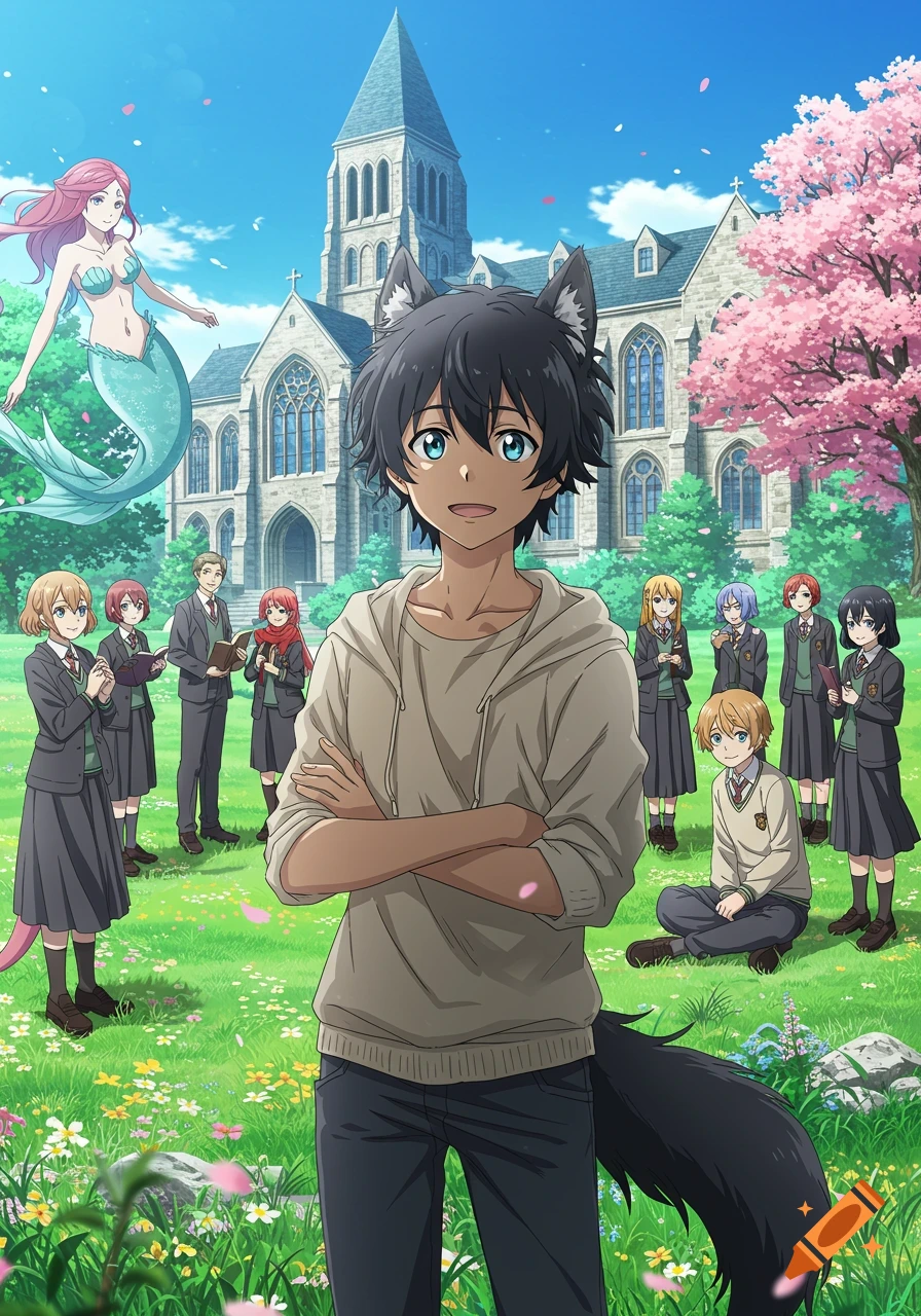 An anime illustration of a wolf-eared boy in casual clothes standing in front of a stone school building, with a mermaid, other students in uniforms, and a cherry blossom tree in a grassy field.