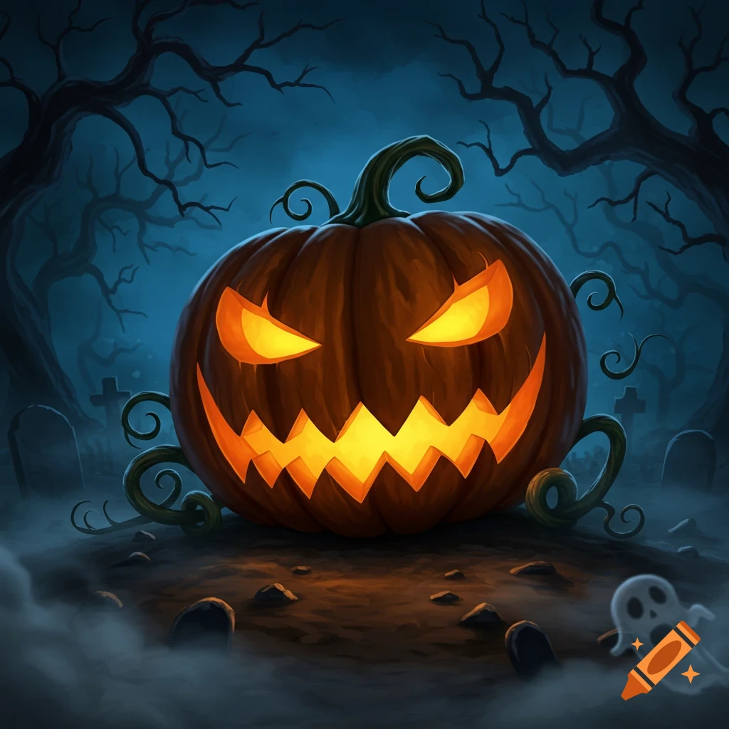 A sinister, glowing jack-o-lantern sits in a dark, misty graveyard with bare trees and a small ghost. Digital painting.