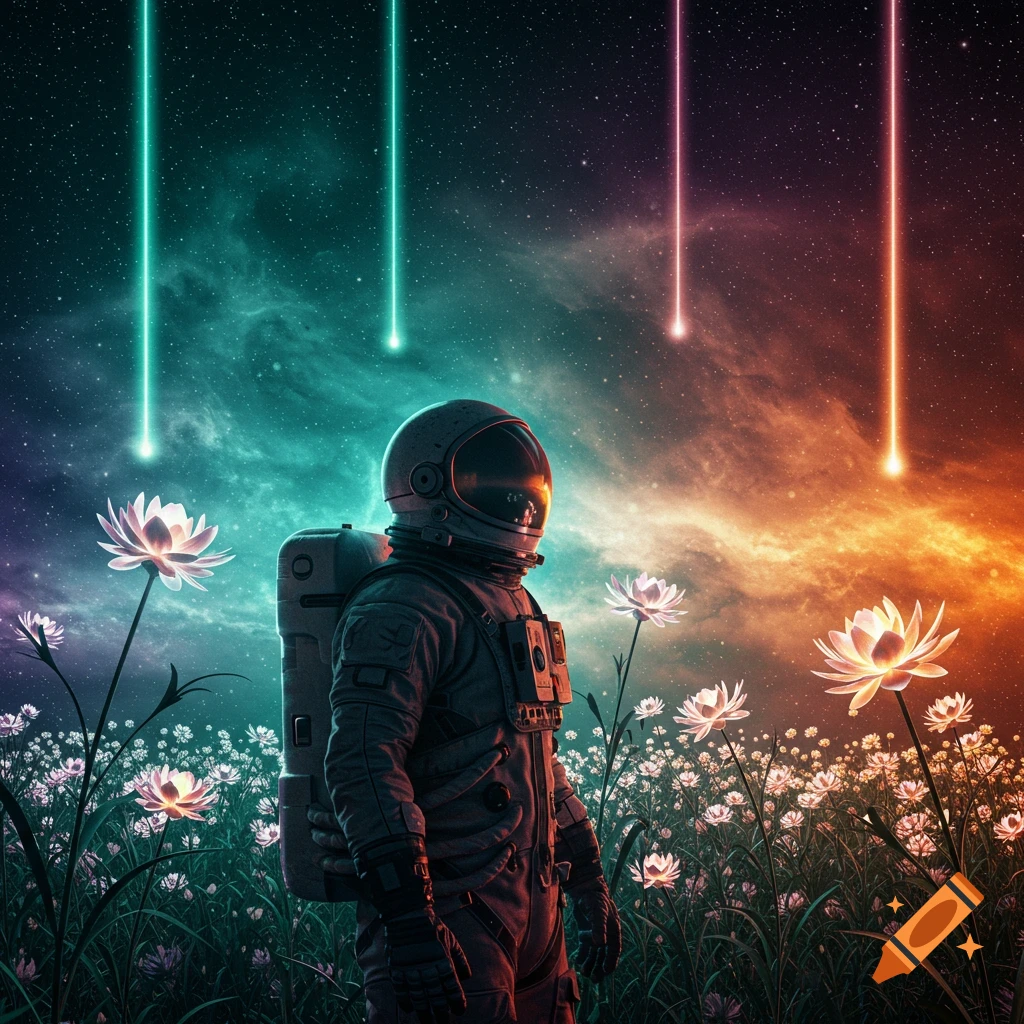 An astronaut stands in a vibrant field of white flowers under a cosmic sky with nebulas and colorful light beams.
