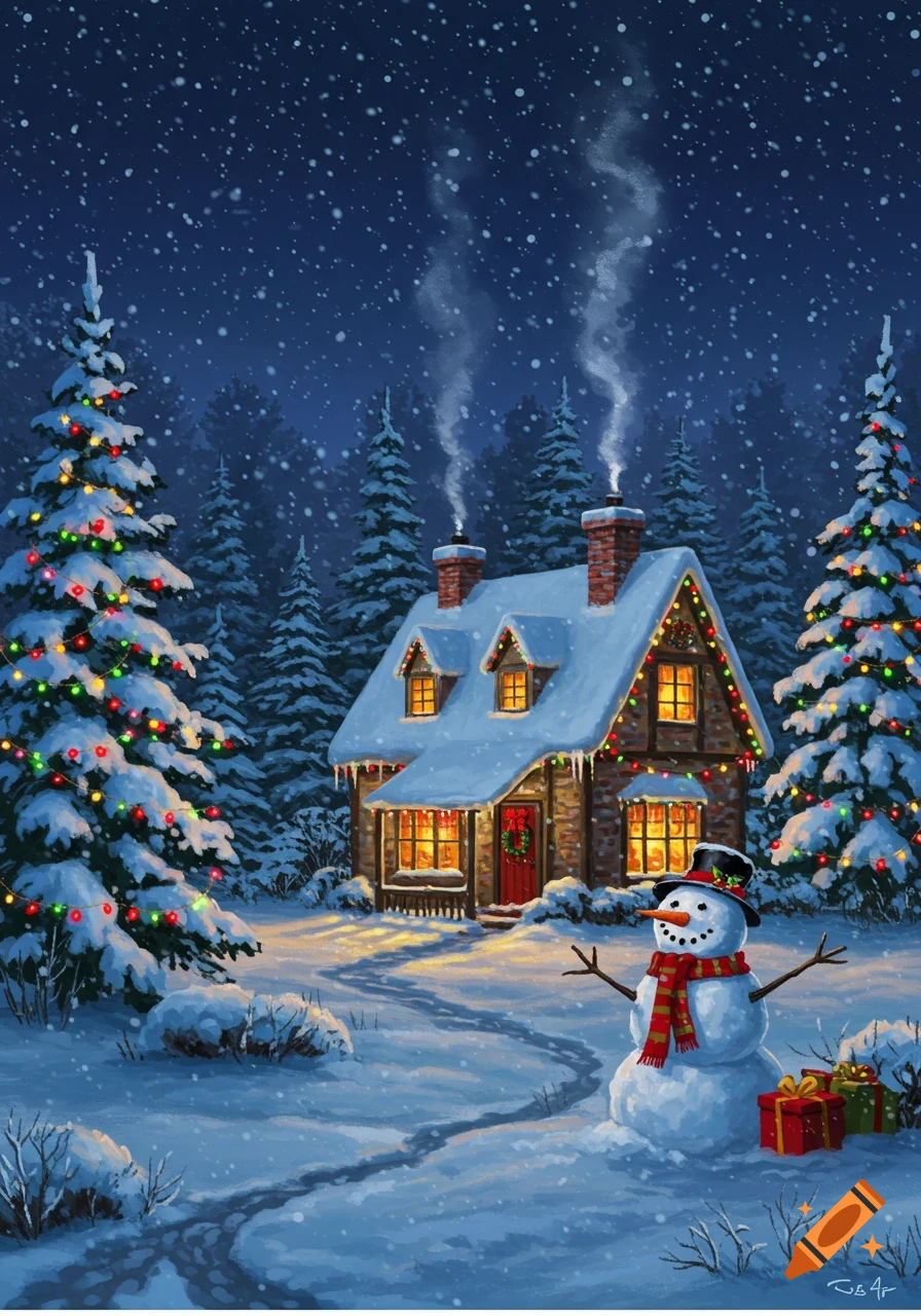 A cozy cottage in a snowy winter forest at night, surrounded by decorated Christmas trees and a snowman, rendered in an illustrative style.