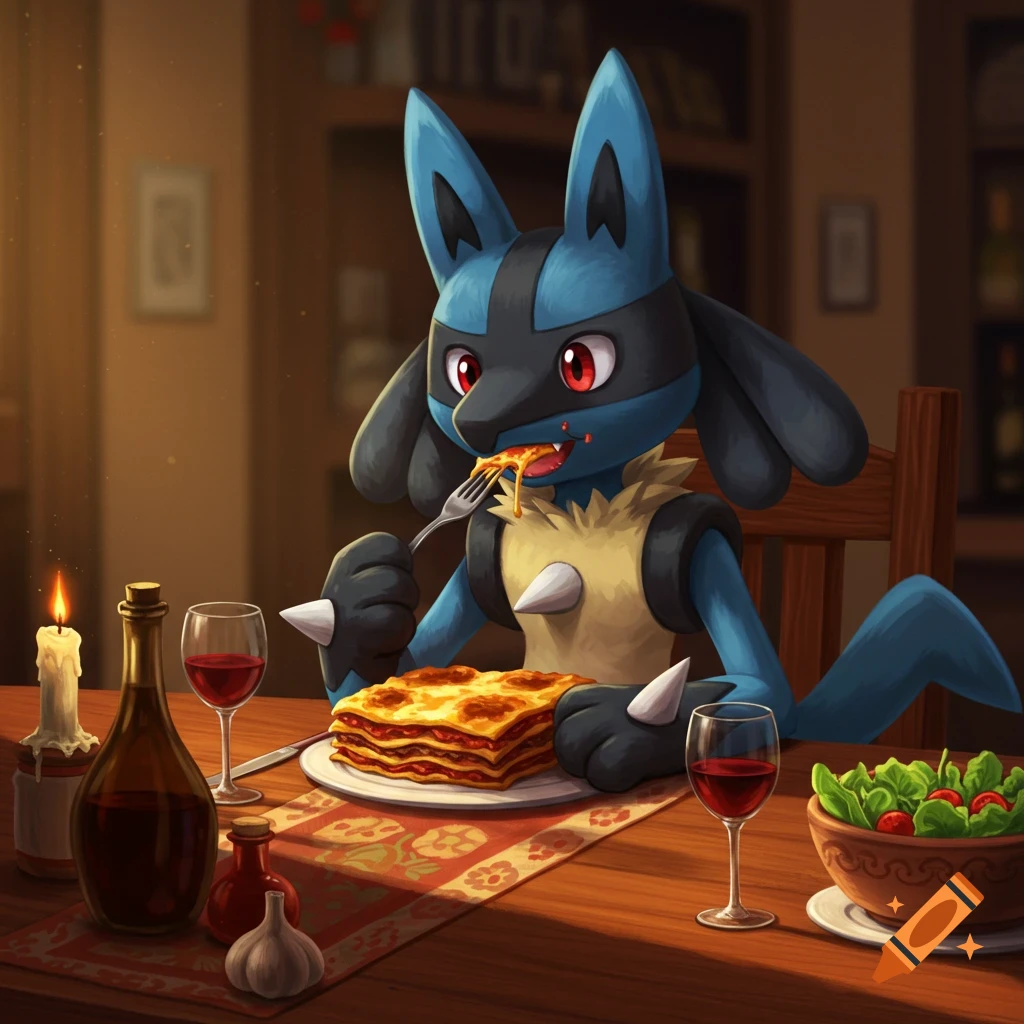 A blue and black Lucario character eats lasagna with a fork at a dimly lit dinner table, with wine and salad nearby.