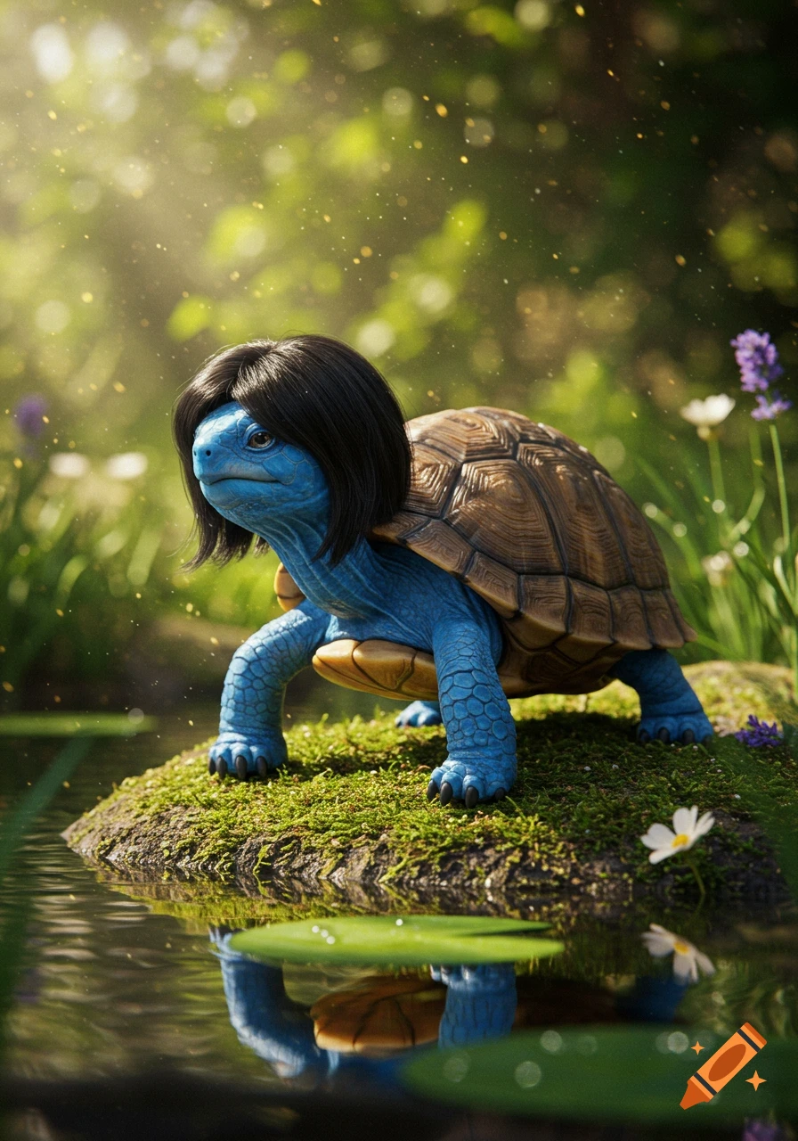A photorealistic blue turtle with a black bob wig stands on mossy ground by water in a sunlit forest.