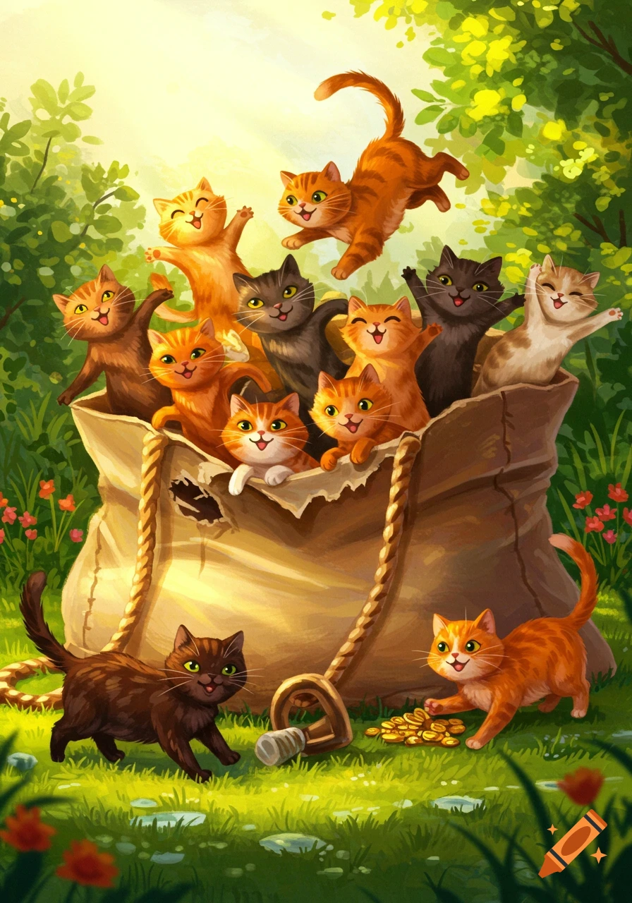 Vibrant cartoon illustration of many playful cats jumping out of a burlap bag in a sunny, green outdoor setting.