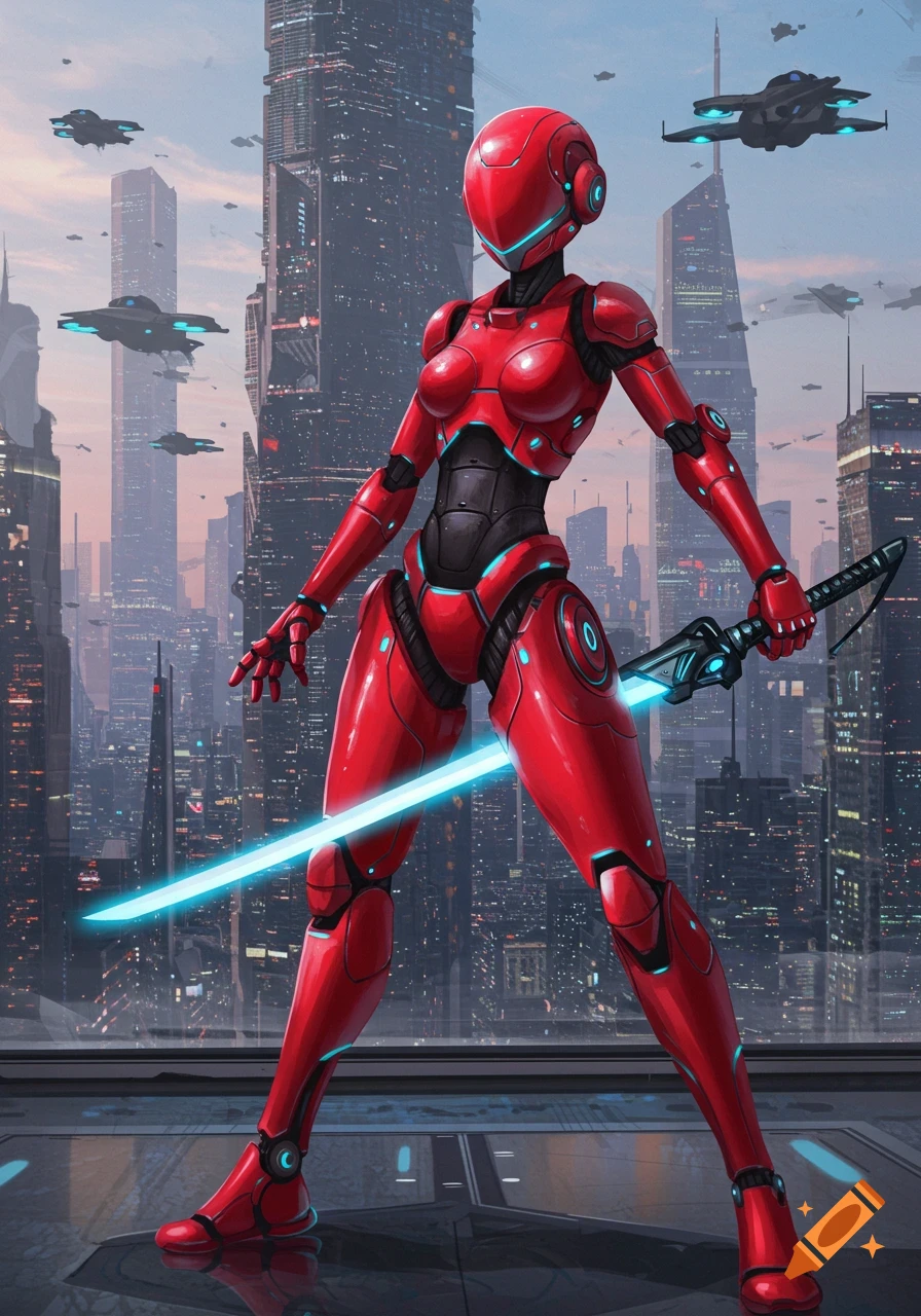 A red humanoid robot wields a glowing blue sword, standing on a platform overlooking a futuristic city with flying vehicles.