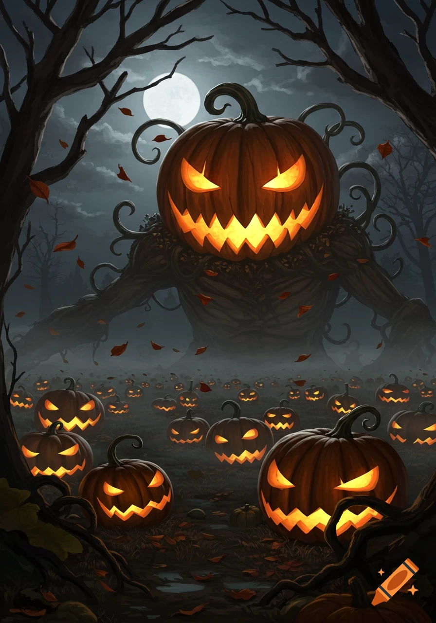 A giant glowing jack-o'-lantern monster stands in a misty field of smaller jack-o'-lanterns under a full moon in a dark forest.