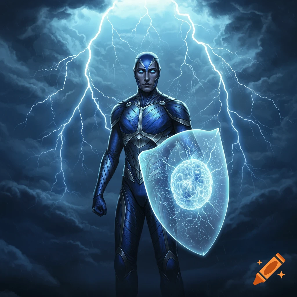 Blue and silver armored superhero holding a glowing shield with a brain, surrounded by lightning in a dark, stormy sky.