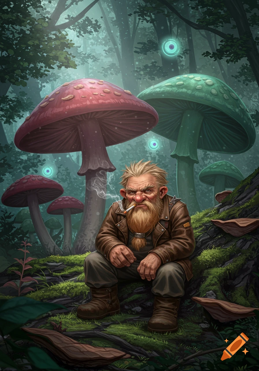 A grumpy, blond-bearded dwarf in a leather jacket smokes a cigarette in a magical forest with giant red and green mushrooms and glowing orbs.