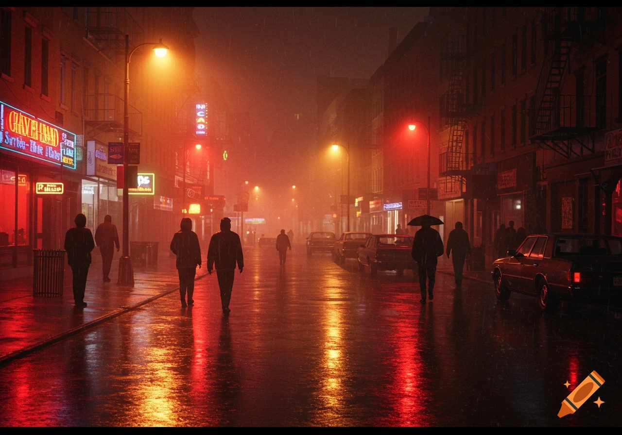 A dark, rainy New York street at night, with people walking on the wet pavement reflecting neon red and amber lights from shops and street lamps. Parked cars line the street, creating a grungy 1990s vibe.