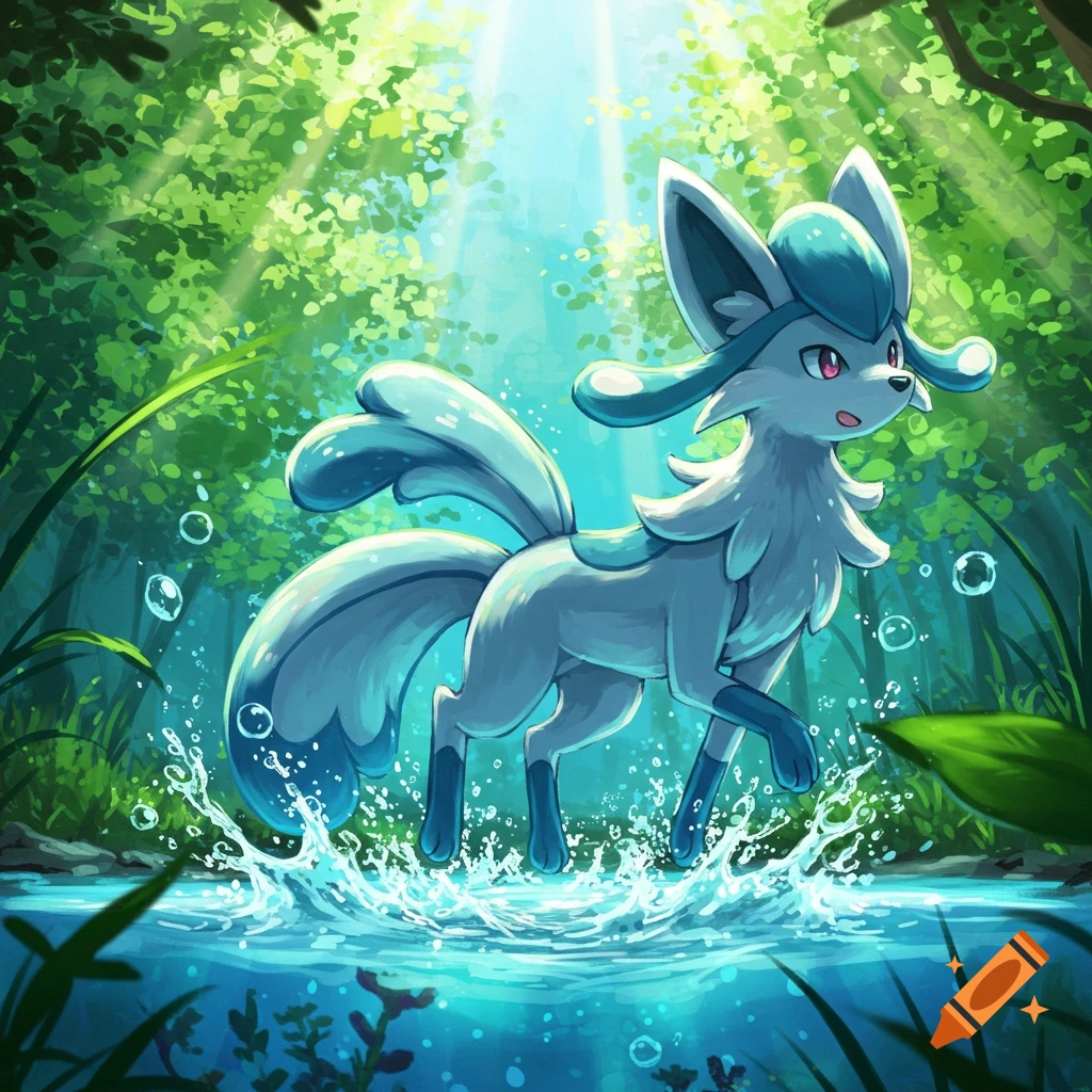 A blue and white fox-like Pokémon splashes in a sunlit forest stream, in an anime illustration style.