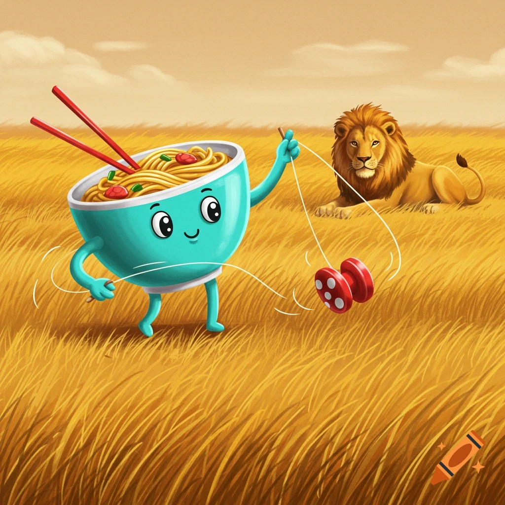 A cheerful cartoon anthropomorphic cyan bowl of noodles plays with a red yoyo in a golden savanna, observed by a lion.
