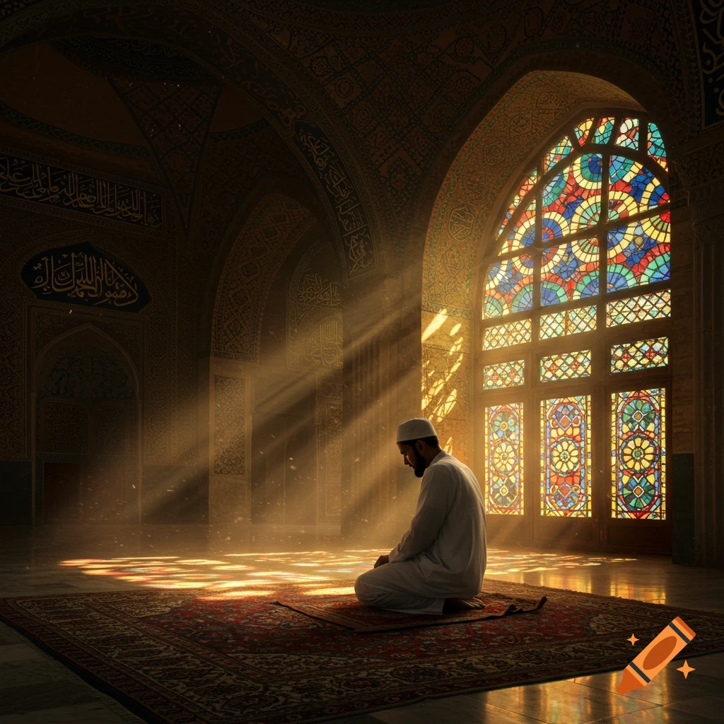 A traditional Muslim man kneels on a prayer rug in a sunlit mosque with intricate architecture and colorful stained glass windows.