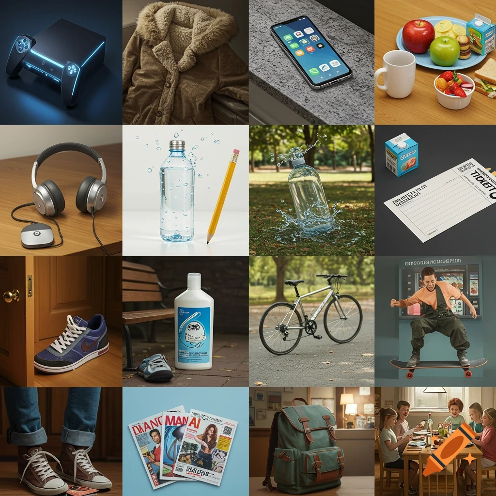 A 4x4 grid of photorealistic images. Includes a PS5, a brown coat, a smartphone, a lunch plate, headphones, water bottles, a bicycle, a pencil, a concert ticket, sneakers, a shampoo bottle, magazines, a backpack, a skateboarder, and a family dinner.