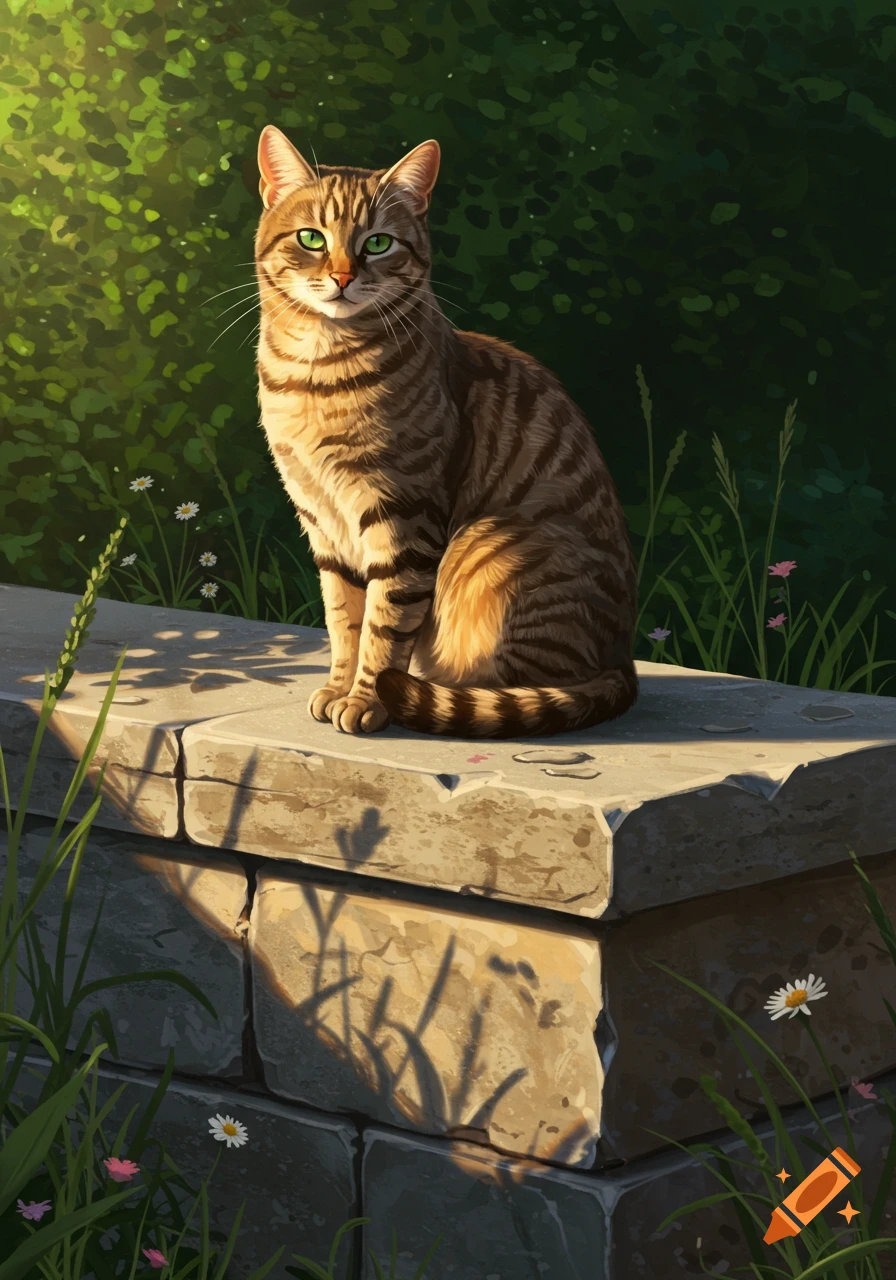 A brown tabby cat with green eyes sits on a sunlit stone ledge outdoors with green foliage in a painterly style.