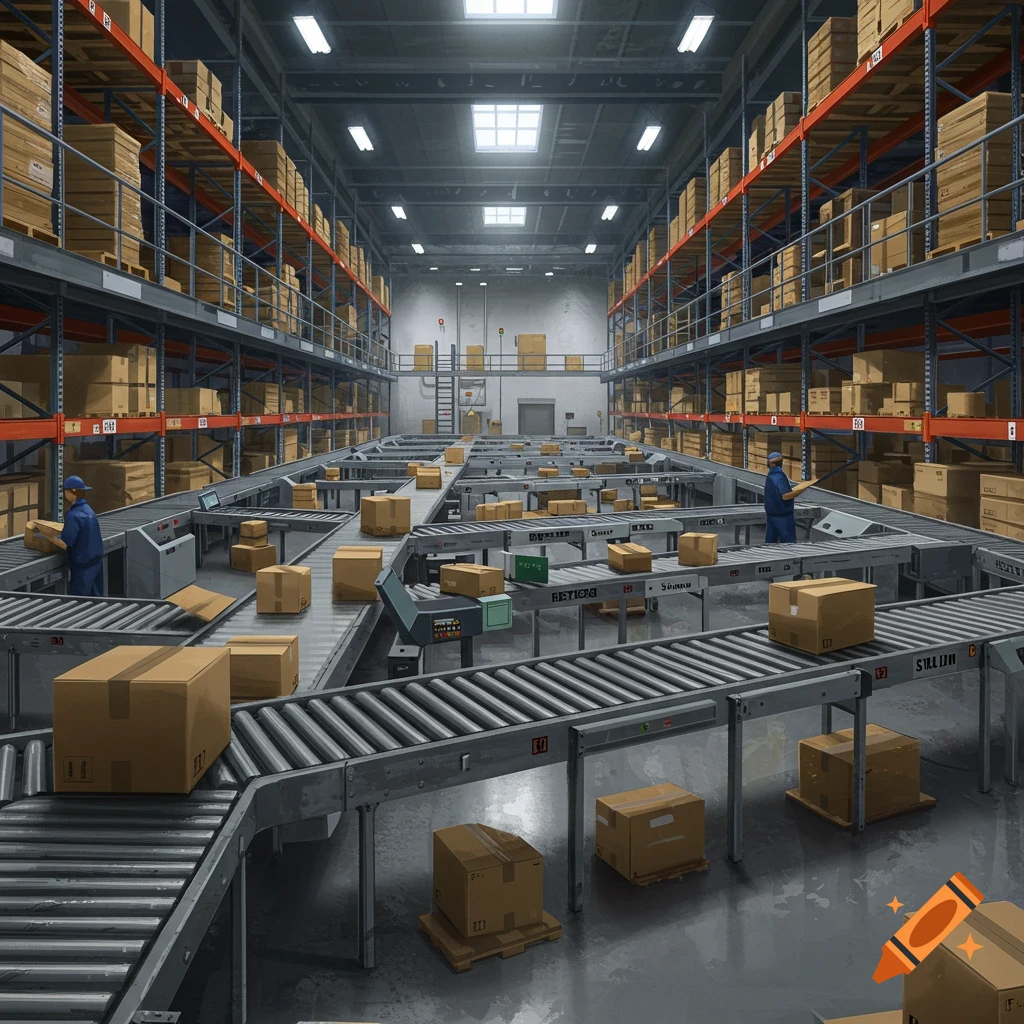 A vast, detailed warehouse interior with tall shelves of boxes and multiple conveyor belts moving packages. Two workers are visible.