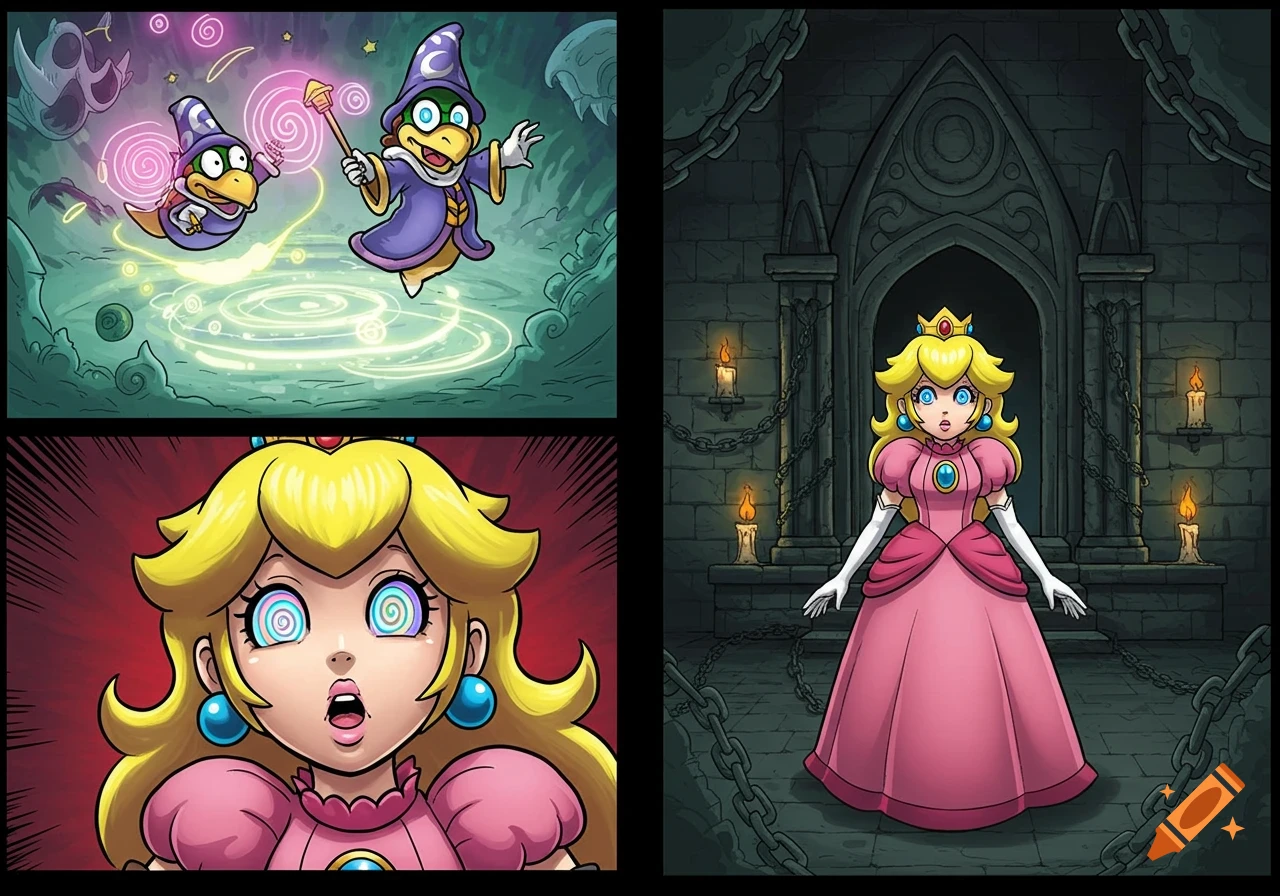 Comic panels show Kamek casting a hypnosis spell, and Princess Peach with spiral eyes in a dark castle.