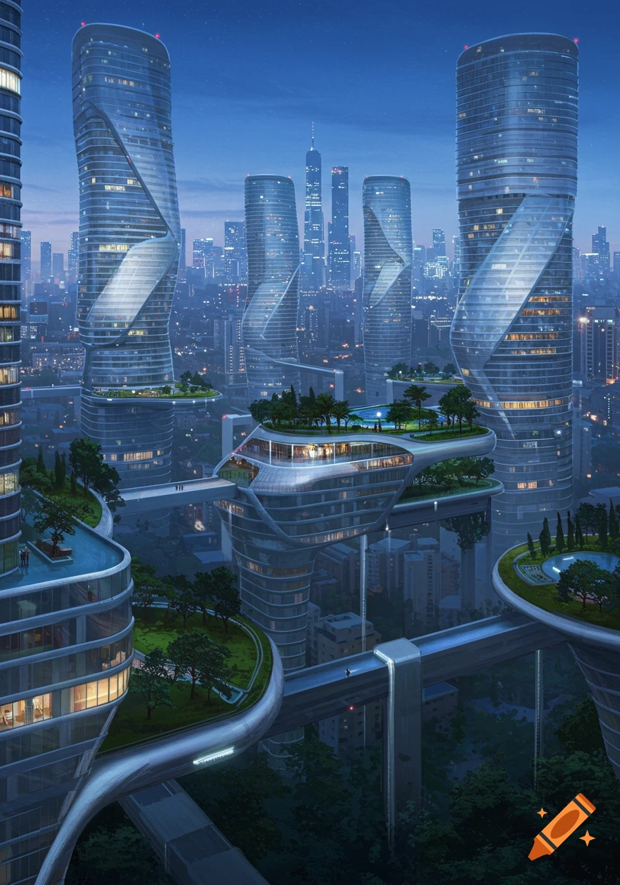 Aerial view of a futuristic city at dusk, featuring tall, twisted skyscrapers with green terraces and elevated walkways.