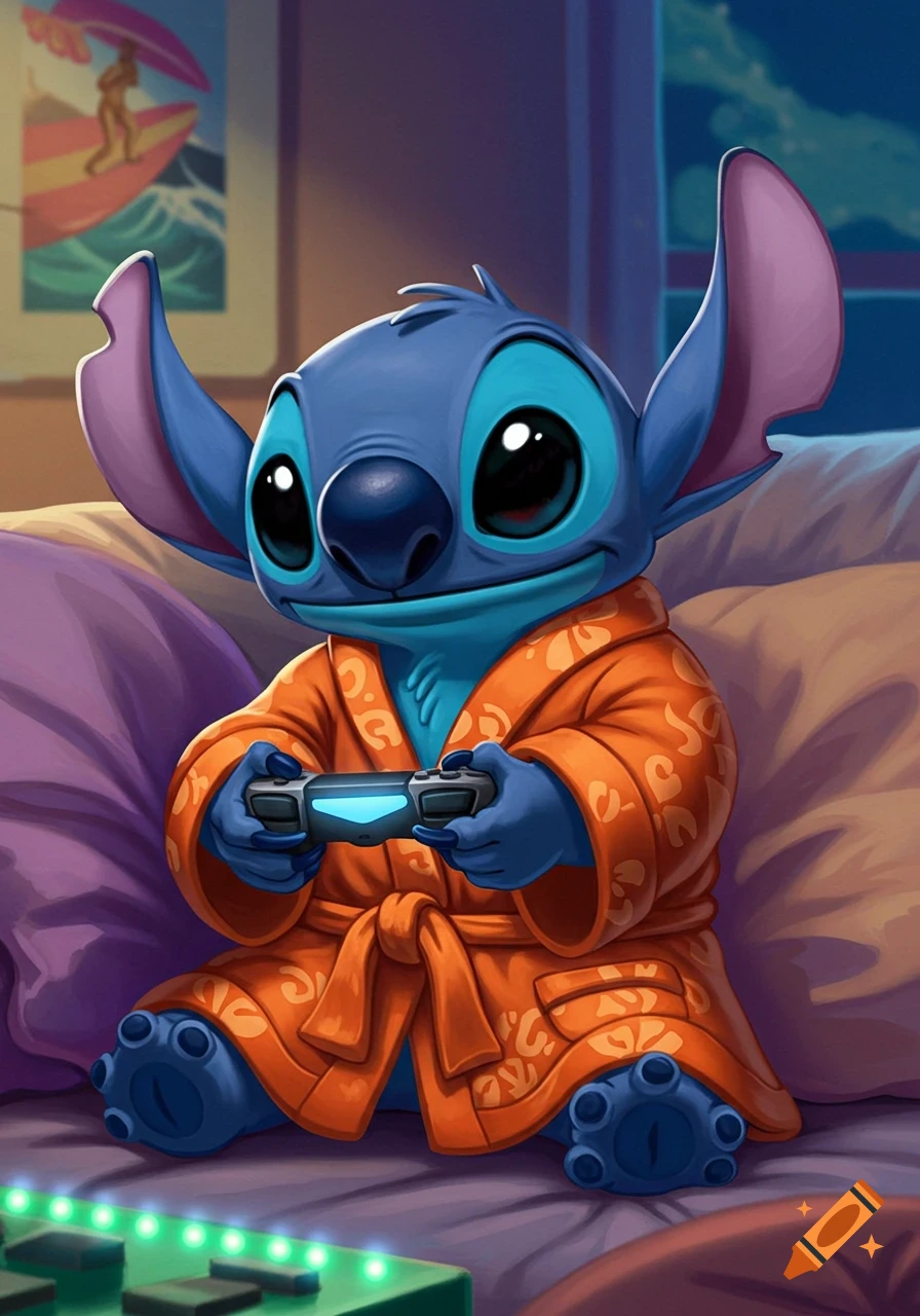 Cute blue alien Stitch in an orange robe sitting on a couch, holding a glowing game controller and smiling.