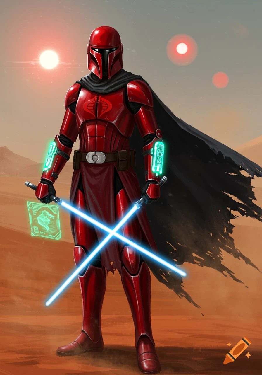 Red armored Mandalorian-style figure with Cobra symbol and black cape, holding two blue lightsabers in a desert with red suns.