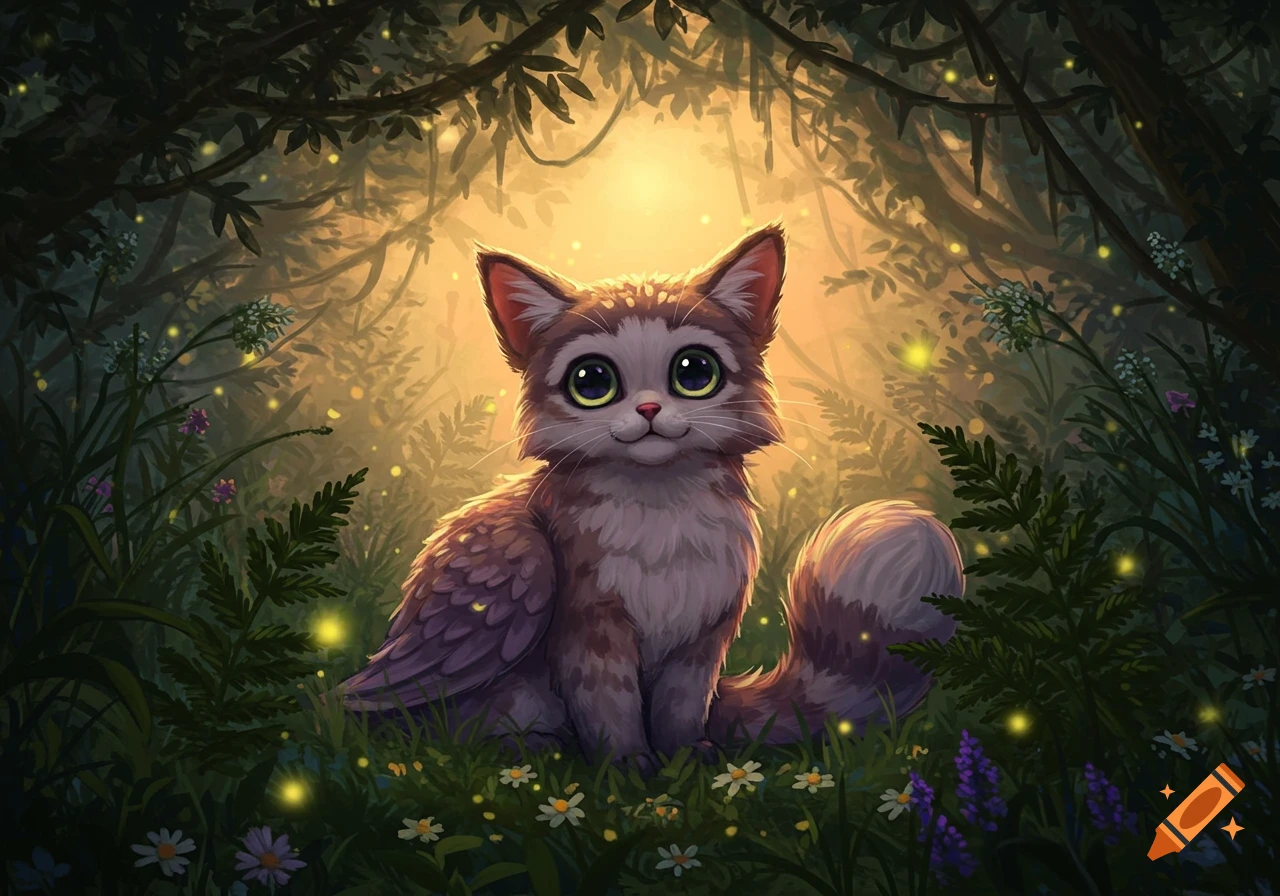 A cute, fluffy cat-like creature with large green eyes sits in a glowing, magical fantasy forest with fireflies.