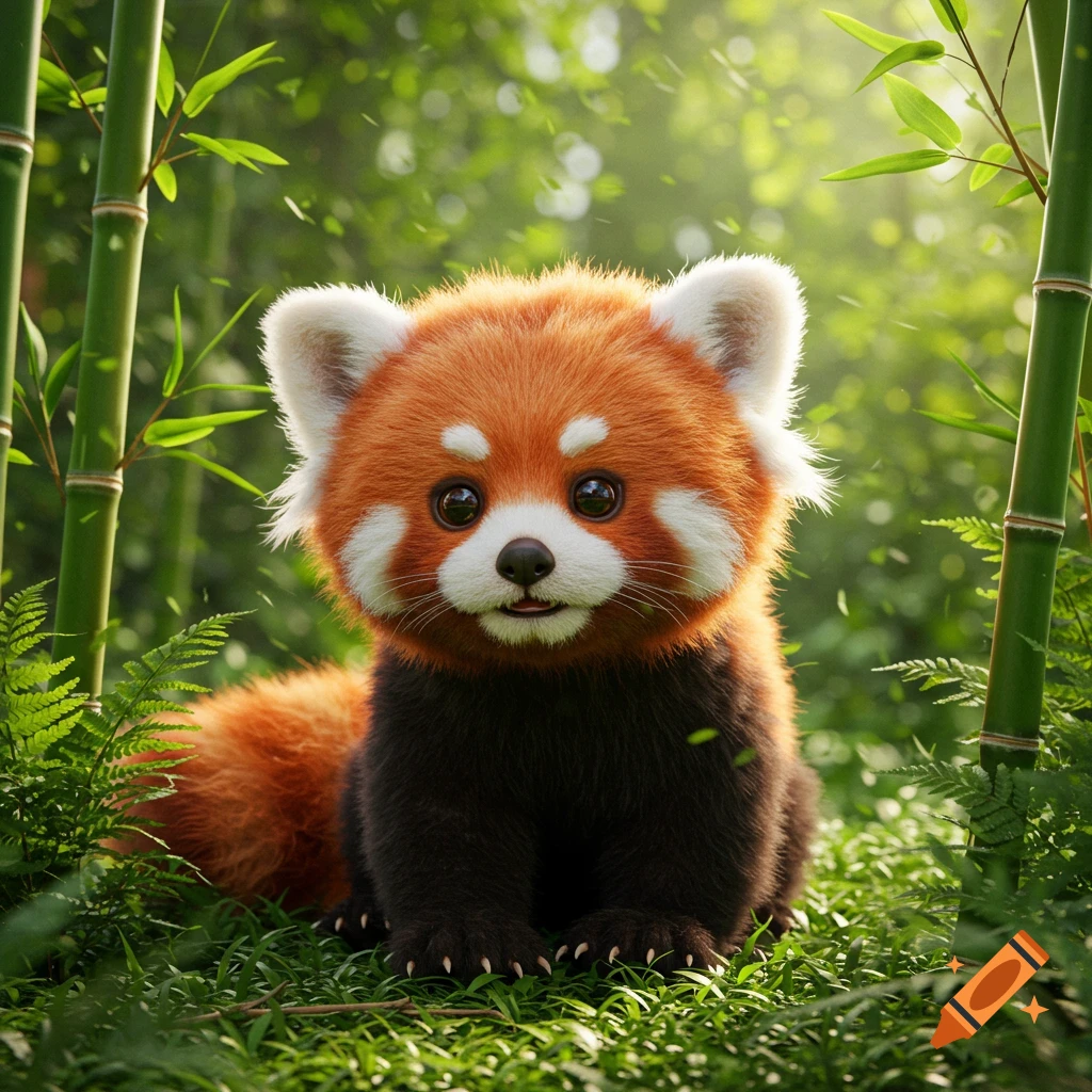 A cute, realistic baby red panda sits among green bamboo shoots and foliage in a forest.