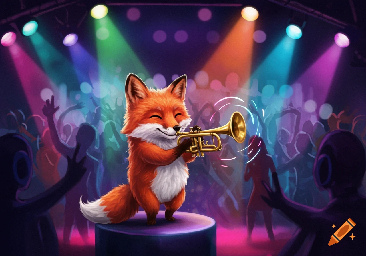 A cute cartoon red fox playing a trumpet on a stage with colorful spotlights and dancing silhouettes in a nightclub.