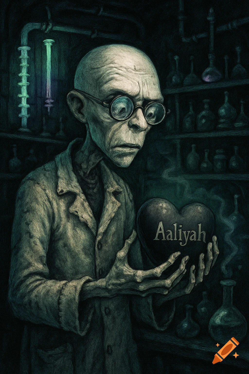 A gaunt old scientist in a dark lab holds a smoking heart-shaped object inscribed 'Aaliyah'. Dark fantasy art style.