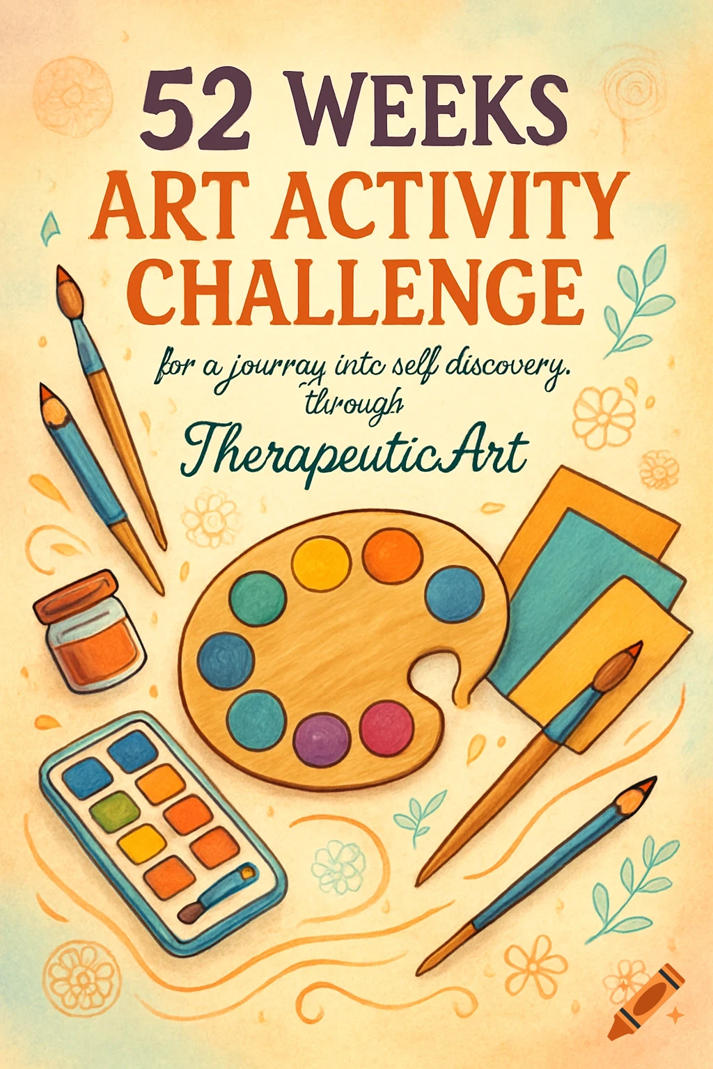 A colorful, cute illustration of a book cover titled '52 Weeks Art Activity Challenge' for 'Therapeutic Art,' surrounded by art supplies.
