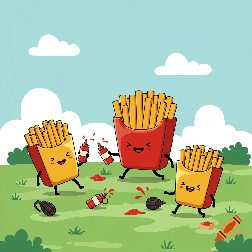 Three cheerful cartoon french fry containers wage a playful ketchup war with grenades on a green field under a blue sky.