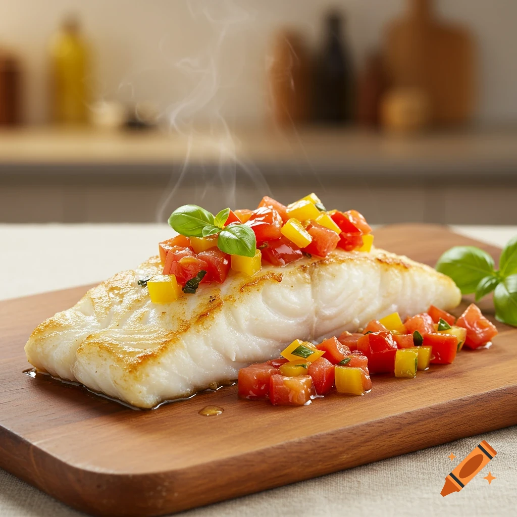 Steaming oven-roasted cod with a fresh tomato and bell pepper relish, garnished with basil, on a wooden board.