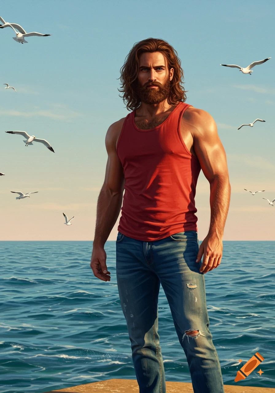 Photorealistic image of a muscular man with long hair and beard in a red tank top and ripped jeans, standing by the ocean with seagulls.
