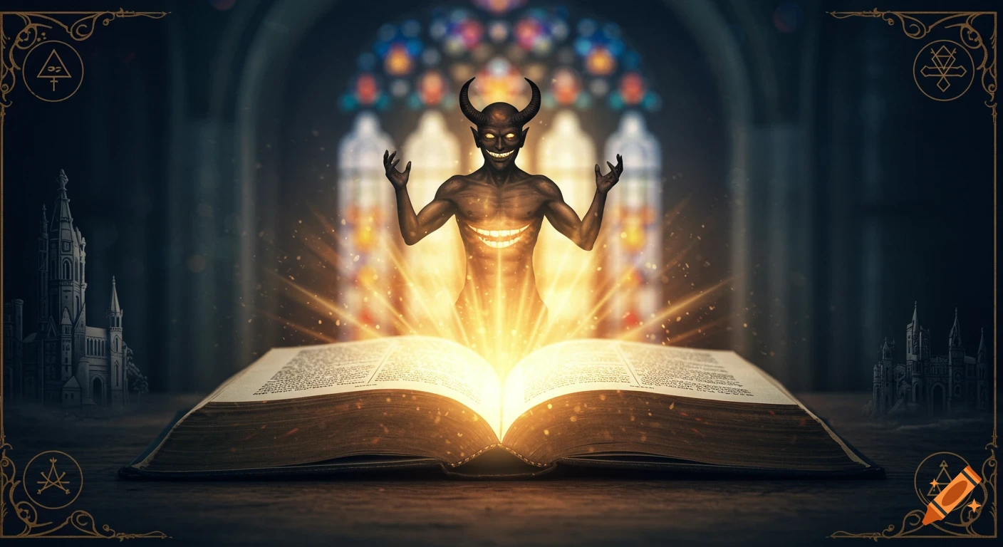 A demonic figure with horns and a sinister smile rises with glowing light from an open ancient Bible, set in a dark church-like interior with stained glass and occult symbols in the borders.