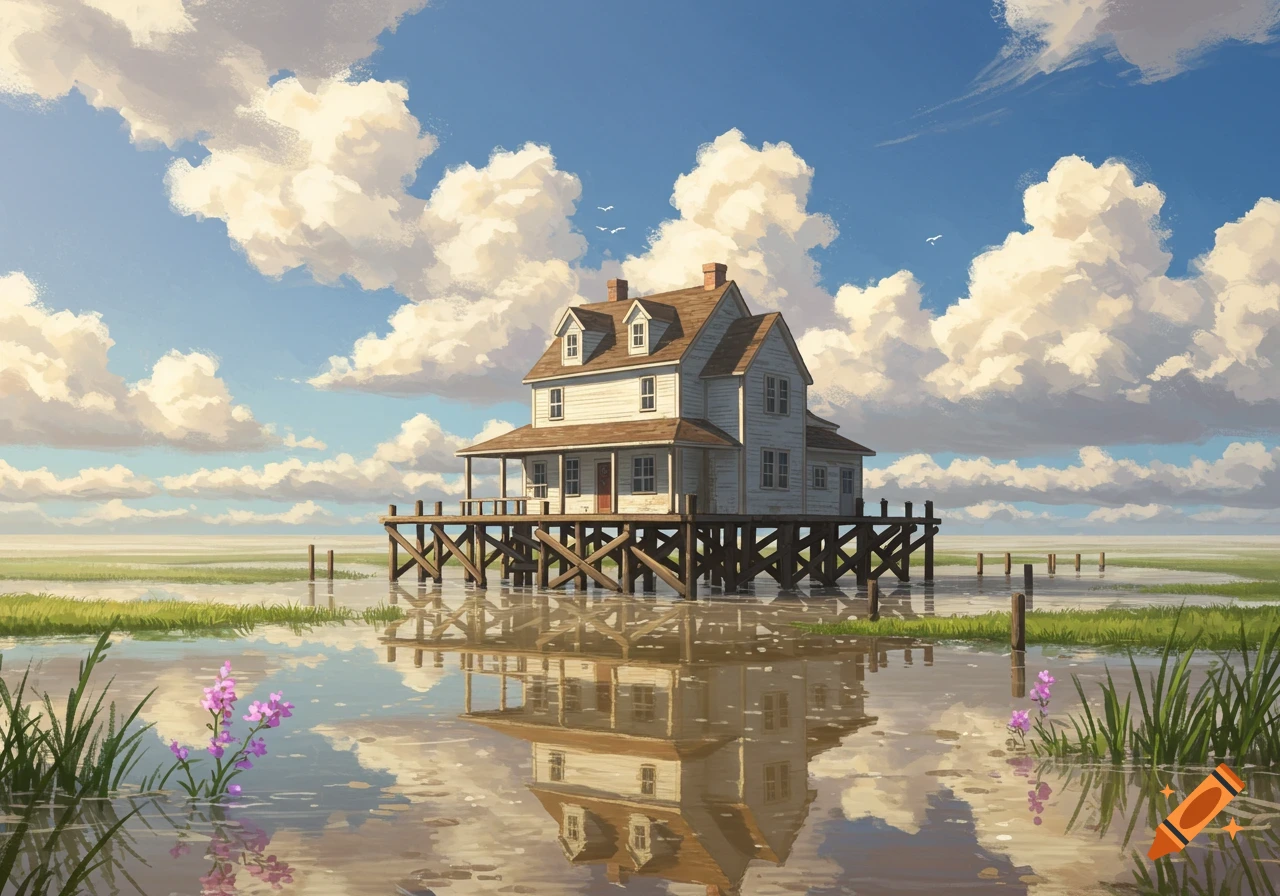 Painterly landscape of a white stilt house in a flooded marsh, reflected in water under a cloudy blue sky.