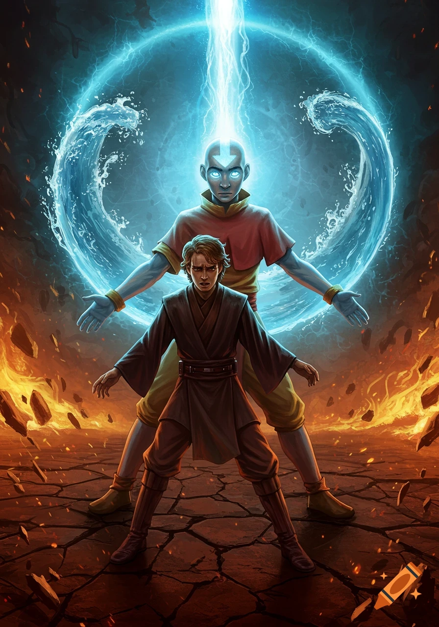 Avatar Aang in a powerful glow with water and lightning, standing behind a distressed Anakin Skywalker on a cracked, fiery ground.